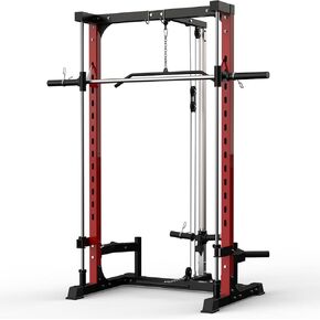 سميث ماشين هوم جيم، حامل قفص القرفصاء بقوة 1000 رطل مع منسدلة LAT، شريط منخفض الصف وتخزين لوحة الوزن، معدات تمرين متعددة الوظائف لتدريب القوة in Kuwait