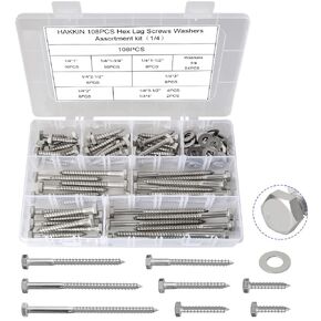 Hakkin 108PCS 1/4" Hexagon Head Lag Screws,304 Stainless Steel Hex Lag Bolts 1" 1-1/4" 1-1/2" 2" 2-1/2" 3" 3-1/2" 4", Wood Screws Washers Assortment Kit with Storage Case in Kuwait