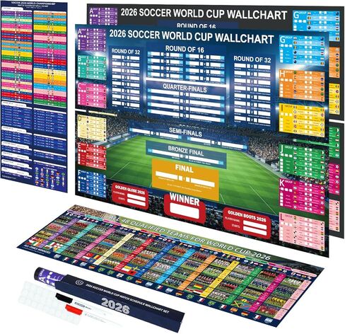 Joyvera 3 Pack 2026 World Cup Extra Large Schedule Poster Set, 39.4“ × 25.6" Double-Sided World Cup Wall Chart (Crease-Free) with Soccer Tournament Decorations for Home, Bar, Soccer Viewing Parties in Saudi Arabia