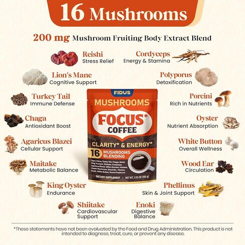 Fidus Mushroom Wellness Powder | 16 فطر في مزيج قوي | 17300mg Adaptogens للطاقة العقلية والتوازن المناعي | صيغة نباتية | 90 حصص in Kuwait