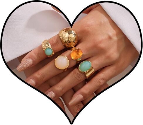Chunky Gold Shell Starfish Ring Set for Women Trendy Gold Flower Scallop Seashell Starfish Gemstone Rings Adjustable Stacking Statement R-ings Non Tarnish Spring Summer Jewelry Accessories in Saudi Arabia