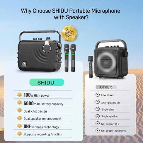 SHIDU 120W Power Voice Amplifier with 2 Wireless Bluetooth Microphones, Professional Microphone with Speaker Portable PA System & Karaoke Machine Support USB/TF Card/Aux/Guitar K6 in Kuwait