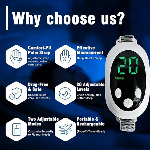 جهاز محمول للمساعدة في النوم، جهاز للقلق، يساعد على تخفيف القلق على النوم، ويعزز الراحة، قابل لإعادة الشحن عبر USB لتخفيف التوتر، ونوبات الذعر والإثارة، وتحسين النوم، والمزاج والتركيز in Kuwait