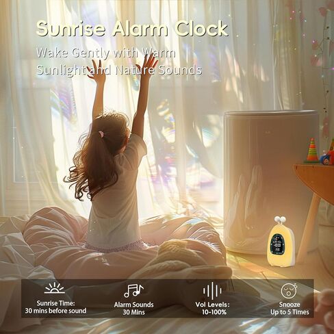Sunrise Alarm Clock Wake Up Light, White Noise Sound Machine with 20 Soothing Sounds, 10 Night Lights, Bluetooth Speaker/Temp & Humidity/Rechargeable, Dimmable Clock Gift for Baby Kids Adults in Saudi Arabia