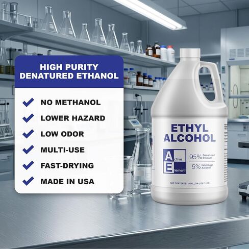 Ethyl Alcohol (Ethanol) 95% Denatured – 1 Gallon – High Purity Multi-Use Solvent – Lab, Electronics, Shellac Thinner & Surface Cleaning – 5% Isopropyl – No Methanol – Made in USA in Kuwait