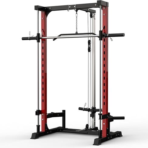 سميث ماشين هوم جيم، حامل قفص القرفصاء بقوة 1000 رطل مع منسدلة LAT، شريط منخفض الصف وتخزين لوحة الوزن، معدات تمرين متعددة الوظائف لتدريب القوة in Kuwait