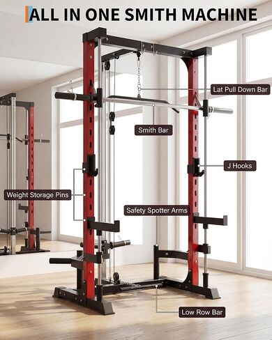 سميث ماشين هوم جيم، حامل قفص القرفصاء بقوة 1000 رطل مع منسدلة LAT، شريط منخفض الصف وتخزين لوحة الوزن، معدات تمرين متعددة الوظائف لتدريب القوة in Kuwait