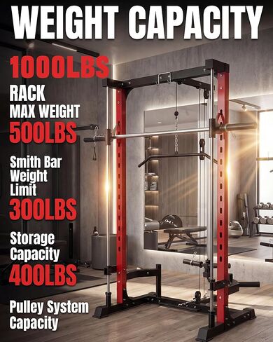سميث ماشين هوم جيم، حامل قفص القرفصاء بقوة 1000 رطل مع منسدلة LAT، شريط منخفض الصف وتخزين لوحة الوزن، معدات تمرين متعددة الوظائف لتدريب القوة in Kuwait