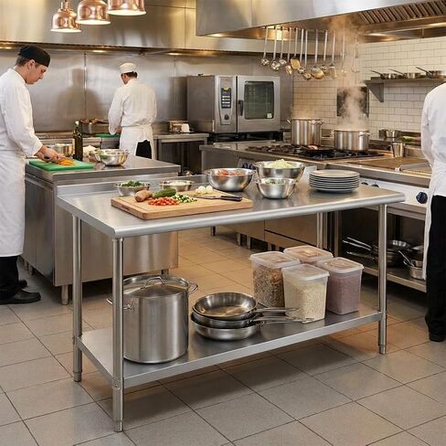 اختبار منضدة العمل المصنوعة من الفولاذ المقاوم للصدأ مقاس 30 × 24 × 35 بوصة - طبقة مزدوجة مع لوحة خلفية للعجلات in Kuwait