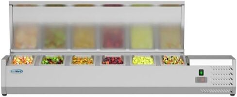 Pemberly Row 59" Stainless Steel Refrigerated Countertop Prep Rail, Silver Finish, Includes Six 1/3 Food Pans, Digital Temperature Display, Space-Saving Design for Cafes, Restaurants, or Food Trucks in Saudi Arabia