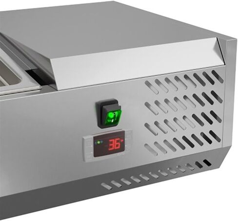 Pemberly Row 59" Stainless Steel Refrigerated Countertop Prep Rail, Silver Finish, Includes Six 1/3 Food Pans, Digital Temperature Display, Space-Saving Design for Cafes, Restaurants, or Food Trucks in Saudi Arabia
