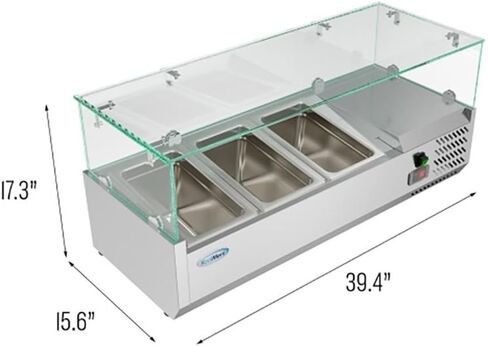 Pemberly Row Refrigerated Countertop Prep Rail, 40" Glass and Stainless Steel, Silver Finish, Includes 3 Removable Food Pans, NSF Compliant Commercial Sandwich Station or Salad Bar in Saudi Arabia