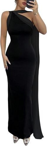 GORGLITTER Women's Color Block Bodycon Maxi Evening Dress One Shoulder Sleeveless Elegant Classy Dresses with Scarf in Saudi Arabia