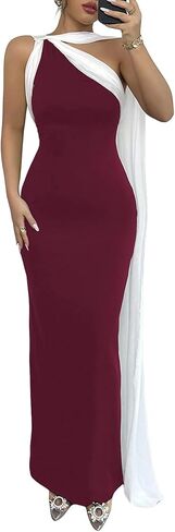 GORGLITTER Women's Color Block Bodycon Maxi Evening Dress One Shoulder Sleeveless Elegant Classy Dresses with Scarf in Saudi Arabia