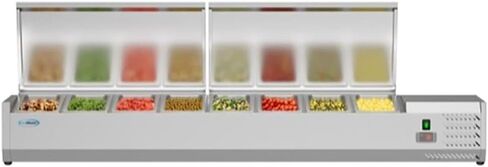 Pemberly Row 71" Stainless Steel Refrigerated Countertop Prep Rail, Silver Finish, Includes Eight 1/3 Food Pans, Digital Temperature Display, NSF Compliant Commercial Kitchen Refrigeration Unit in Saudi Arabia