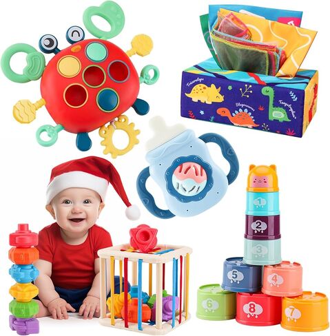 لعبة Montessori Baby لمدة 6 12 18 شهرًا ، صندوق Teether Rattle Tissue Tissue Tissue Toy Toy Crab Toy ، ألعاب الأطفال الحسية ، سلة لتخزين الشكل ، هدية لعبة كأس للأطفال الصغار الفتيات 1 2 3 سنوات in Kuwait