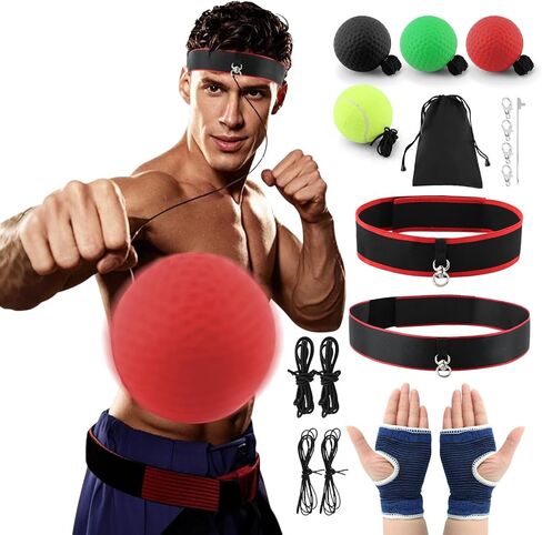 Boxing Reflex Ball Headband Set - Includes 4 Different Boxing Balls, 2 Adjustable Headbands, 4pcs Spare Ropes and 2pcs Protective Gloves, for Adults Boxings Equipment in Kuwait