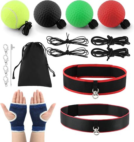 Boxing Reflex Ball Headband Set - Includes 4 Different Boxing Balls, 2 Adjustable Headbands, 4pcs Spare Ropes and 2pcs Protective Gloves, for Adults Boxings Equipment in Kuwait