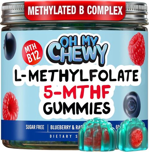 علكة حمض الفوليك L-ميثيلفولات 5-MTHF المملوءة بالمركز - دعم مركب فيتامينات MTHFR B الخالي من السكر مع العامل المساعد الميثيل B1 وB6 وB12 - المزاج والسلوك والإدراك - 60 قطعة in Kuwait