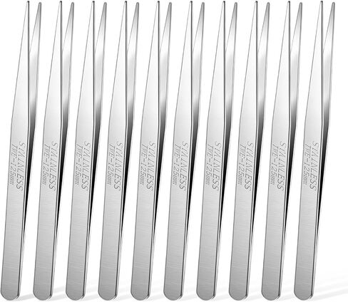10 PCS Stainless Steel Tweezers, 5 Inch Long Tweezers for Plants Straight Metal Flat Tweezer for Hair Removal Craf Electrical Repair Home Lab General Application, Silver in Saudi Arabia