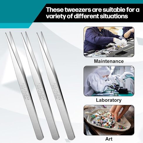 10 PCS Stainless Steel Tweezers, 5 Inch Long Tweezers for Plants Straight Metal Flat Tweezer for Hair Removal Craf Electrical Repair Home Lab General Application, Silver in Saudi Arabia