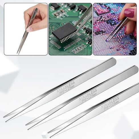 10 PCS Stainless Steel Tweezers, 5 Inch Long Tweezers for Plants Straight Metal Flat Tweezer for Hair Removal Craf Electrical Repair Home Lab General Application, Silver in Saudi Arabia