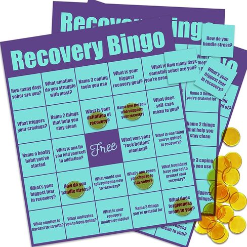 Recovery Bingo Game for Adults in Addiction Groups – 24 Cards and 200 Chips with 1 Game Instructions, Motivational Recovery Activity for Counseling Sessions, Rehab Centers, and Support Meetings in Saudi Arabia