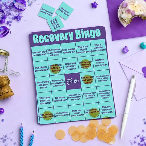 Recovery Bingo Game for Adults in Addiction Groups – 24 Cards and 200 Chips with 1 Game Instructions, Motivational Recovery Activity for Counseling Sessions, Rehab Centers, and Support Meetings in Saudi Arabia