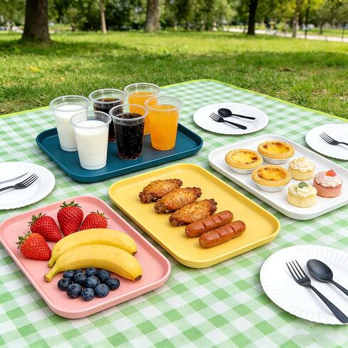 مجموعة أطباق التخييم من البولي بروبلين مكونة من 4 قطع - صواني تقديم مستطيلة لتناول الطعام في الهواء الطلق، والنزهات، والمركبات الترفيهية والاستخدام المنزلي - أطباق خفيفة الوزن وقابلة للتكديس وغير قابلة للكسر، مثالية للمقبلات والوجبات الخفيفة والسوشي والفو in Kuwait