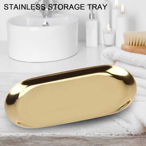 Fdit Nordic Style Stainless Steel Storage Tray, Cosmetic Jewelry Organizer with Mirror Polishing Elegant Desk Plate for Bathroom Vanity Kitchen Countertop Decor (Golden L) in Saudi Arabia