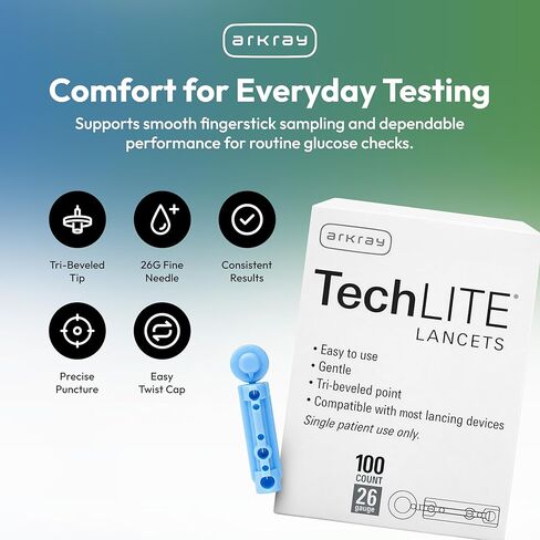 مشارط ARKRAY TechLITE مقاس 26، عدد 100 - مشارط ذات غطاء ملتوي لأجهزة الوخز، معقمة للاستخدام الفردي، مناسبة عالميًا لمعظم أجهزة الوخز القياسية in Kuwait