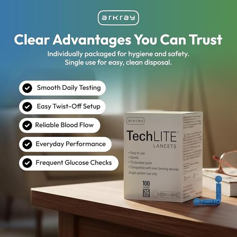 مشارط ARKRAY TechLITE مقاس 26، عدد 100 - مشارط ذات غطاء ملتوي لأجهزة الوخز، معقمة للاستخدام الفردي، مناسبة عالميًا لمعظم أجهزة الوخز القياسية in Kuwait