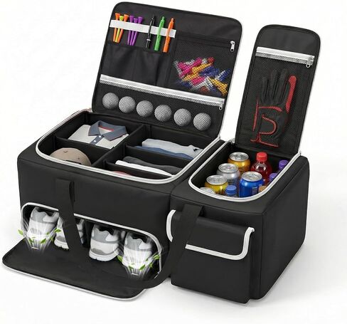 Golf Trunk Organizer, 2-Layer Car Trunk Locker with Ventilated Shoe Compartment for 2 Pairs, Adjustable Dividers, Multi-Pocket Storage for Balls Tees Gloves Towels in Saudi Arabia