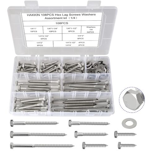 Hakkin 108PCS 1/4" Hexagon Head Lag Screws,304 Stainless Steel Hex Lag Bolts 1" 1-1/4" 1-1/2" 2" 2-1/2" 3" 3-1/2" 4", Wood Screws Washers Assortment Kit with Storage Case in Kuwait