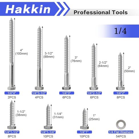 Hakkin 108PCS 1/4" Hexagon Head Lag Screws,304 Stainless Steel Hex Lag Bolts 1" 1-1/4" 1-1/2" 2" 2-1/2" 3" 3-1/2" 4", Wood Screws Washers Assortment Kit with Storage Case in Kuwait