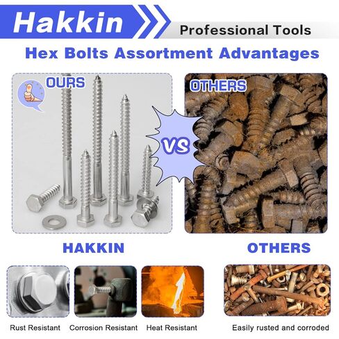 Hakkin 108PCS 1/4" Hexagon Head Lag Screws,304 Stainless Steel Hex Lag Bolts 1" 1-1/4" 1-1/2" 2" 2-1/2" 3" 3-1/2" 4", Wood Screws Washers Assortment Kit with Storage Case in Kuwait