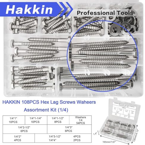 Hakkin 108PCS 1/4" Hexagon Head Lag Screws,304 Stainless Steel Hex Lag Bolts 1" 1-1/4" 1-1/2" 2" 2-1/2" 3" 3-1/2" 4", Wood Screws Washers Assortment Kit with Storage Case in Kuwait