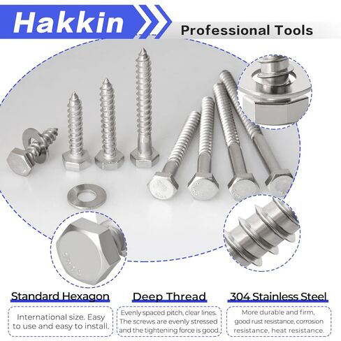 Hakkin 108PCS 1/4" Hexagon Head Lag Screws,304 Stainless Steel Hex Lag Bolts 1" 1-1/4" 1-1/2" 2" 2-1/2" 3" 3-1/2" 4", Wood Screws Washers Assortment Kit with Storage Case in Kuwait