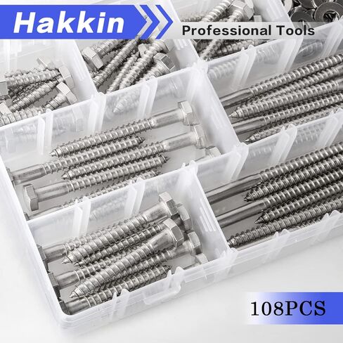 Hakkin 108PCS 1/4" Hexagon Head Lag Screws,304 Stainless Steel Hex Lag Bolts 1" 1-1/4" 1-1/2" 2" 2-1/2" 3" 3-1/2" 4", Wood Screws Washers Assortment Kit with Storage Case in Kuwait