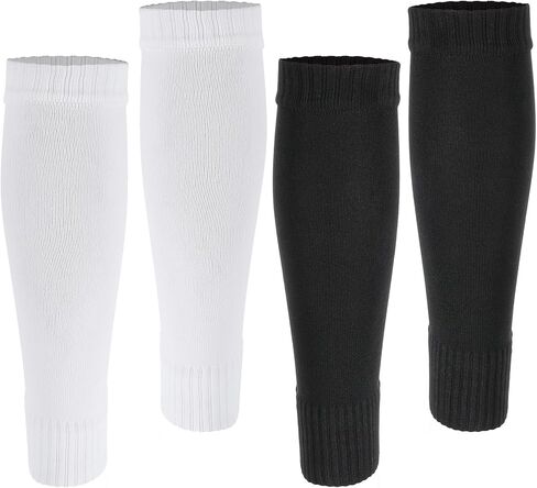 2 Pairs Pre Cut Soccer Socks, Shin Guard Sleeves Adult Black White Leg Sleeves, Elastic Football Sports Socks for Soccer Running Cycling in Saudi Arabia