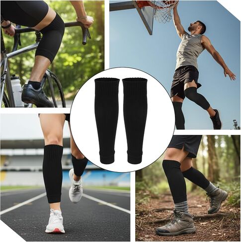 2 Pairs Pre Cut Soccer Socks, Shin Guard Sleeves Adult Black White Leg Sleeves, Elastic Football Sports Socks for Soccer Running Cycling in Saudi Arabia
