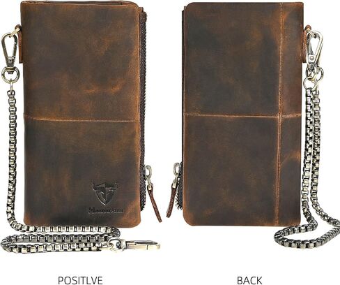 Genuine Crazy Horse Leather Travel Gift Coin Pocket Card Case Long Organizer Chain Rfid Wallet Purse With Snap For Men Male 1029 (1029 Brown) in Kuwait