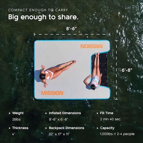 MISSION Boat Gear Reef Lite بساط ماء قابل للنفخ للبحيرة حصيرة عائمة شديدة التحمل للقارب يحمل من 2 إلى 4 أشخاص طوف منصة عائمة بسعة 1000 رطل مع شبكة سهلة الوصول للبالغين والأطفال والكلاب in Saudi Arabia