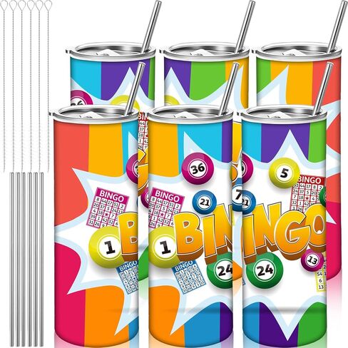 Hsei 6 Packs Bingo Tumbler Cups 20 oz Bingo Prizes Gifts Stainless Steel Insulated Tumbler Water Bottle with Lids Straw Brush Game Gifts for Lovers Seniors Mom Grandma Dad Mothers Day in Saudi Arabia