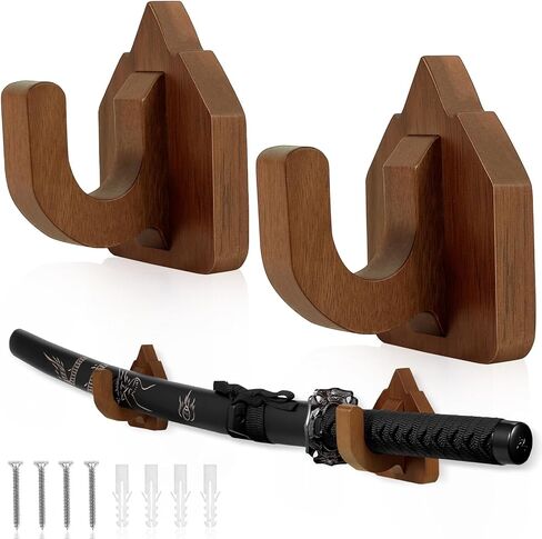 خطافات عرض مثبتة على الحائط بالسيف، رف حامل السيف الخشبي، حامل عرض كاتانا وشماعات لأسلحة الفنون القتالية، عصا المعالج، السكين، الخنجر، ديكور المنزل والمكتب - بني محمر in Kuwait