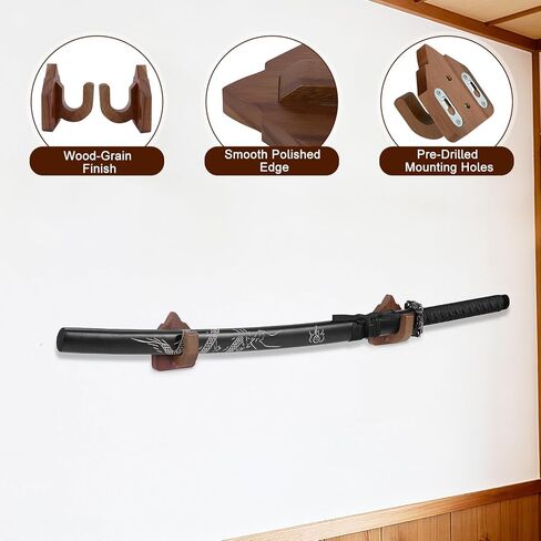خطافات عرض مثبتة على الحائط بالسيف، رف حامل السيف الخشبي، حامل عرض كاتانا وشماعات لأسلحة الفنون القتالية، عصا المعالج، السكين، الخنجر، ديكور المنزل والمكتب - بني محمر in Kuwait