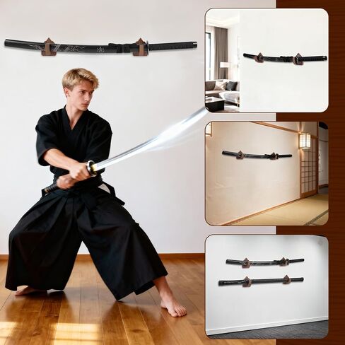 خطافات عرض مثبتة على الحائط بالسيف، رف حامل السيف الخشبي، حامل عرض كاتانا وشماعات لأسلحة الفنون القتالية، عصا المعالج، السكين، الخنجر، ديكور المنزل والمكتب - بني محمر in Kuwait