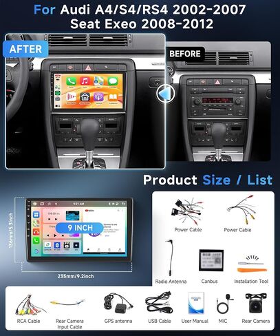2G 64G Android Car Stereo لـ Audi A4/S4/RS4 (2002-2007) SEAT EXEO (2008-2012) Wireless Carplay Android Auto ، وحدة شاشة تعمل باللمس 9 ' in Kuwait