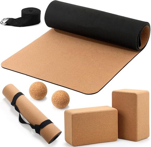 7 Pcs Cork All in One Yoga Essentials Kit Large Cork Yoga Mat and Blocks Set with Carry Strap and Alignment Lines 2 Pcs Massage Balls 10ft Stretch Strap for All Levels in Saudi Arabia