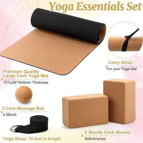 7 Pcs Cork All in One Yoga Essentials Kit Large Cork Yoga Mat and Blocks Set with Carry Strap and Alignment Lines 2 Pcs Massage Balls 10ft Stretch Strap for All Levels in Saudi Arabia